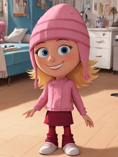 score_9, score_8_up, score_7_up, score_6_up, BREAK, DLT style, 3d1thG2u, 1girl, solo, blue eyes, blonde hair, child, pink headwear, red pantyhose, pink sweater, red skirt, white footwear, looking at viewer, smile, <lora:DLToon_style:1> <lora:Edith_Gru:0.8>