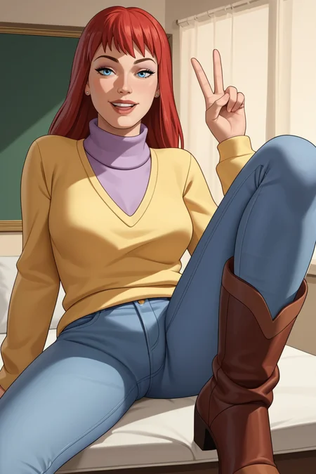 score_9, score_8_up, score_7_up, score_6_up, score_5_up, score_4_up, BREAK, 1boy, pov, <lora:MJ_90s-000004:.8>, 1girl, MJ, red hair, blue eyes, yellow sweater, purple turtleneck, jeans, boots, sitting, one leg bent, peace sign