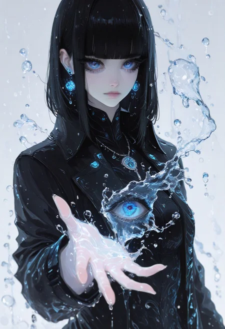masterpiece, best quality, good quality, newest, highres, absurdres, (Perfect details),(****), 1girl, solo, long hair, eye reflection, blue eyes, black hair, medium hair, eyelashes, looking at viewer, closed mouth, reaching, outstretched hand, reaching towards viewer,outstretched arm, jacket, earrings, blunt bangs, necklace, black jacket, black coat, high collar, upper body,
water, hydrokinesis, Water drops, melanch0ly,xxx667_illu, glowing