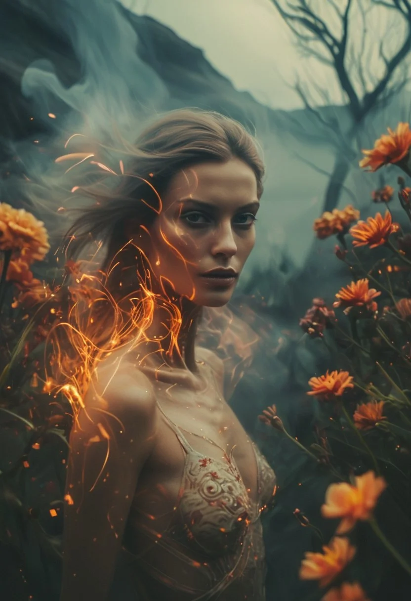 Slow shutter photography of surreal supermodel from another planet. Creative portrait shot with long exposure, unusual framing, detailed face. Alien biome in the background, blooming flowers and flames. Focus on a subject, background blurred. Motion blur, double exposure, movemen. Cinematics lighting, modern style. Shallow depth of field, bokeh, vintage optics. Top quality photography, light strokes, dynamic composition.