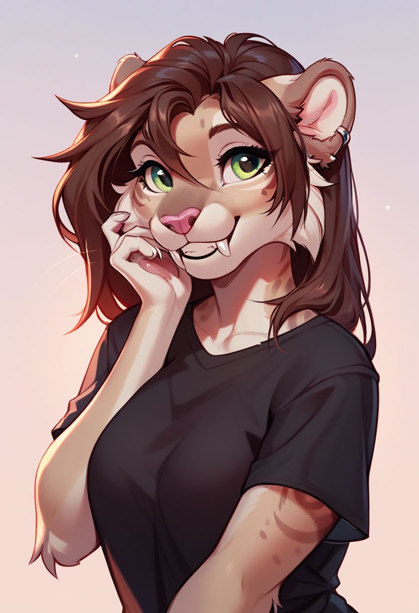 score_9, score_8_up, score_8, 1girl, anthro sabertooth cat, green eyes, brown hair, beige fur, pink nose, round ears, black t-shirt, smiling, cute, portrait, posing