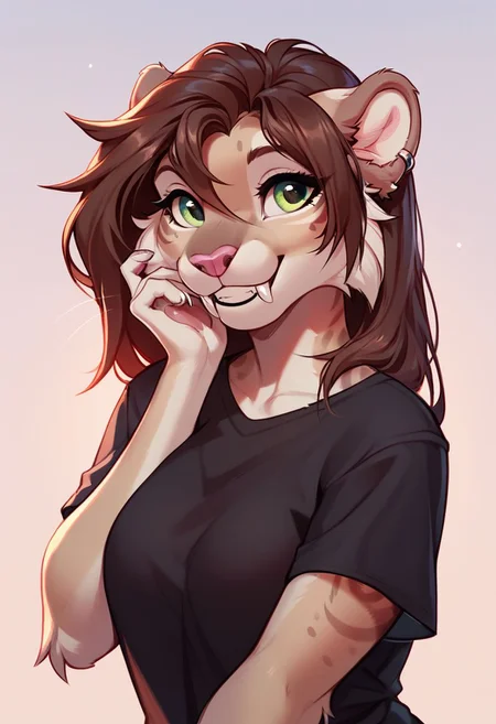 score_9, score_8_up, score_8, 1girl, anthro sabertooth cat, green eyes, brown hair, beige fur, pink nose, round ears, black t-shirt, smiling, cute, portrait, posing