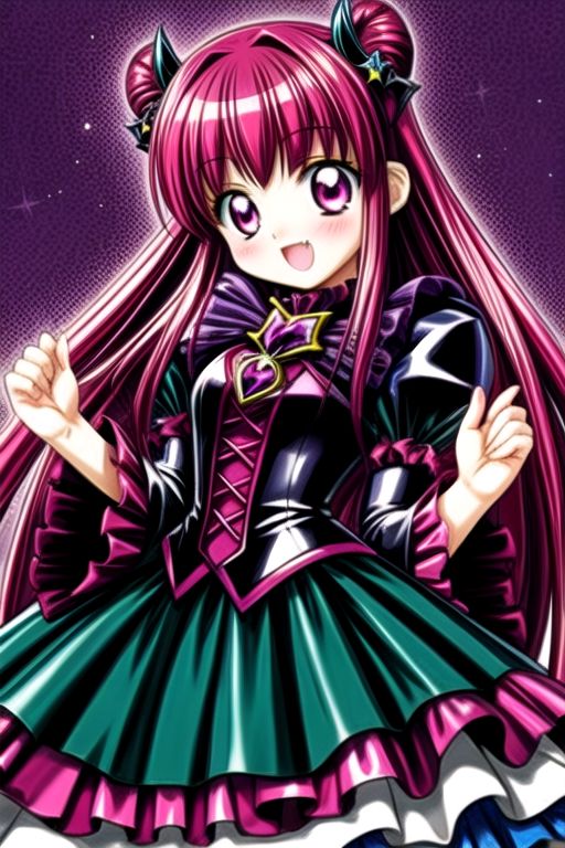 Bad_End_Precure, DarkPrecure, corrupted princess wearing dark pastel (ruffled:1) (gleaming latex:1) gown with (latex vampire cloak:1) and (long frilly wide sleeves), soft lighting, ruffles, (cute little fang:1)
(vmpr:1),
<lora:more_details:1>,