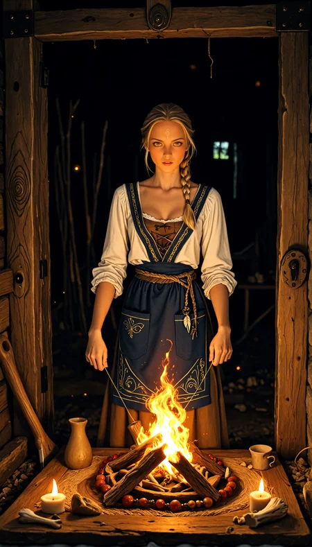 (photo realism, pr3tty_h4lluc1nat10ns), <lora:NordicByNatureILL:0.8> nordicbynature, Bella_Jockitch, (dynamic action pose:1.2), cleavage, (blonde, hearth, longhouse, golden thread), Wears a warm ochre linen underdress with long, fitted sleeves, braided hair pinned with golden thread and bone charms, overlaid by a dark blue apron-dress fastened by ornate turtle brooches, strings of amber and bone beads, practical wool sash, fire ritual dancing in the hearth, a wooden village visible through the carved totem-marked door, a shield and axe resting by her side, townsfolk shadows flickering in the firelight, glowing runes inscribed along the beams.