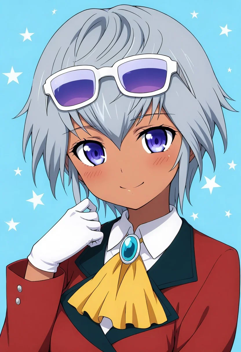 Asana Mutsuba, 1girl, solo, dark skin, short hair, grey hair, white hair, blue eyes, purple eyes, white shirt, blue brooch, red coat, yellow ascot, white gloves,
upper body, face focused, google glasses, google on head, hand on the back, hand on behind, blush, looking at viewer, smile, simple background, stripped background, yellow stripe background, blue background, stars on background,