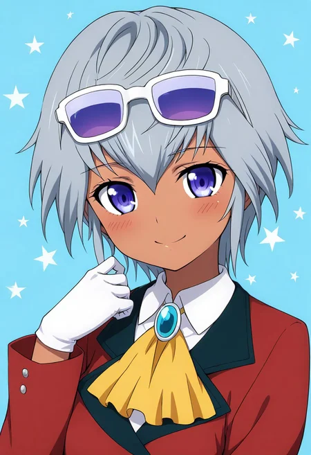 Asana Mutsuba, 1girl, solo, dark skin, short hair, grey hair, white hair, blue eyes, purple eyes, white shirt, blue brooch, red coat, yellow ascot, white gloves,
upper body, face focused, google glasses, google on head, hand on the back, hand on behind, blush, looking at viewer, smile, simple background, stripped background, yellow stripe background, blue background, stars on background,