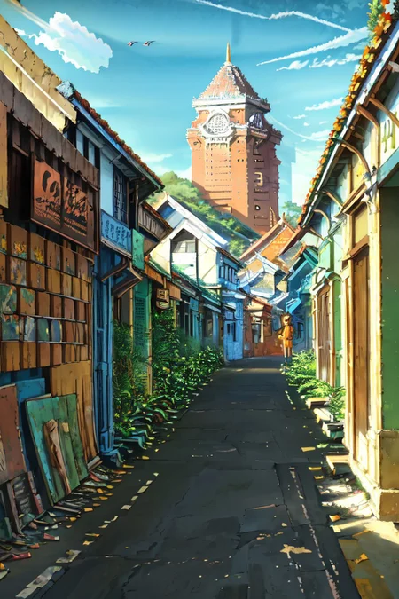 architecture, building, (shophouse), (Art Deco Architecture, skyscraper, art deco), cityscape, scenery, Southeast Asia, George Town, Penang, vintage, historical, heritage, orange tiled roof, pedestrian arcade, narrow facade, long windows, people, crowd, street vendors, road, perfect proportions, perfect perspective, 8k, masterpiece, best quality, high_resolution, high detail, photorealistic, no humans, scenery, landscape, nature, forest, tree, plant, mountainous horizon, river, day, sky, cloud, sunlight, sunbeam, outdoors, , building, house, shiny, still life, blurry, blurry background