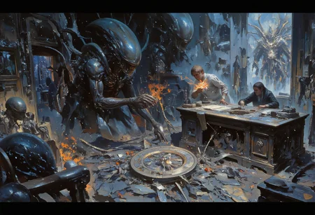 An apocalyptic scene unfolds in the Oval Office, now a chaotic mad science lab overrun by Xenomorphs. The iconic room lies in ruin, with shattered windows and walls covered in frenzied equations and diagrams. The Resolute Desk serves as a makeshift workstation, cluttered with alien technology and notes. The cracked Presidential Seal on the floor reveals cables snaking toward monstrous incubation chambers lining the walls. A frantic scientist, wielding a flamethrower, battles in vain against advancing Xenomorphs of all sizes, from the imposing Queen to agile Warriors, their bioluminescent features cutting through the dim room.
The Presidential Lounge is wrecked, strewn with overturned furniture and alien secretions, while Facehuggers skulk in the shadows. The charred remains of the Presidential Seal's frame stand as a haunting reminder of the fierce struggle. Walls are etched with claw marks, and the sagging ceiling threatens collapse under the weight of the alien horde. Amidst the destruction, a single flickering bulb casts erratic shadows, mingling with glowing embers scattered across the room. The air is thick with the hissing of aliens and the desperate cries of trapped scientists. Once a symbol of power, this space has become a nightmarish battleground against the most fearsome creature of the "Alien" franchise.