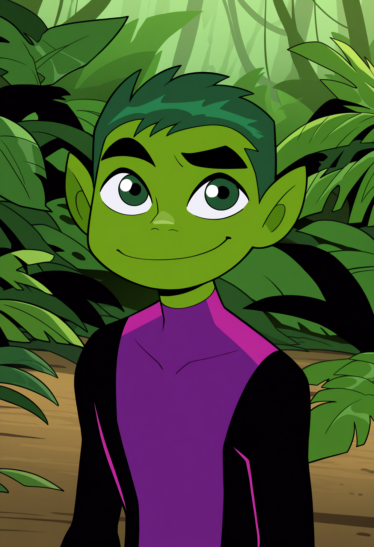 masterpiece, best quality, very aesthetic, absurdres,
1boy, beastboy, green hair, short hair, green eyes, green skin, 
bodysuit, 
smile, upper body, looking at viewer, solo, trees, jungle background,    <lora:BeastBoyTTNoobXL_byKonan:1>