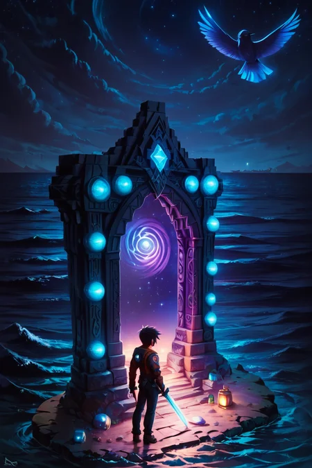 score_9, score_8_up, score_8, ,,, zzNetherPortal, solo, short hair, shirt, black hair, 1boy, holding, standing, white shirt, weapon, male focus, outdoors, sky, pants, sword, cloud, water, from behind, holding weapon, night, bird, ocean, holding sword, star (sky), night sky, scenery, starry sky, rock, horizon, black hair, male focus, from behind, holding weapon, holding sword, star (sky), night sky, starry sky, ,<lora:NetherPortalPDXL_v2:1.0>, ,,, smile, looking at viewer, ,,, embedding:zPDXL, <lora:SDXLFaeTastic2400:0.5>,