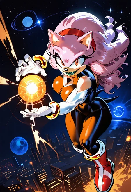 score_9, score_8_up, score_7_up , masterpiece,
Kamehameha-Trow,outstrecthed arms,palms facing forward,fingers slightly curled,claw-like gesture, yellow Energy sphere, holding energy sphere,holding a glowing orb, yellow light, yellow ring,
 ,beautiful,1 girl, solo. big breast, wide hips, sonic the hedgehog,
Possesed_AmyEXE, 1girl,long hair, smile, gloves, animal ears, pink hair, sidelocks, hairband, boots, teeth, shiny, white gloves, sharp teeth,furry, large eyes, furry female, red hairband, body fur, animal nose, two-tone fur, pink fur, wild Red eyes, flying,
, SinestronCOS,thighhighs,violet gloves,skin tight,bodysuit,superhero,black bodysuit,yellow bodysuit,sinestrocorps symbol on chest, , knee boots, white boots,sinestrocorps symbols on chest, anime art style, starry background, outerspace,