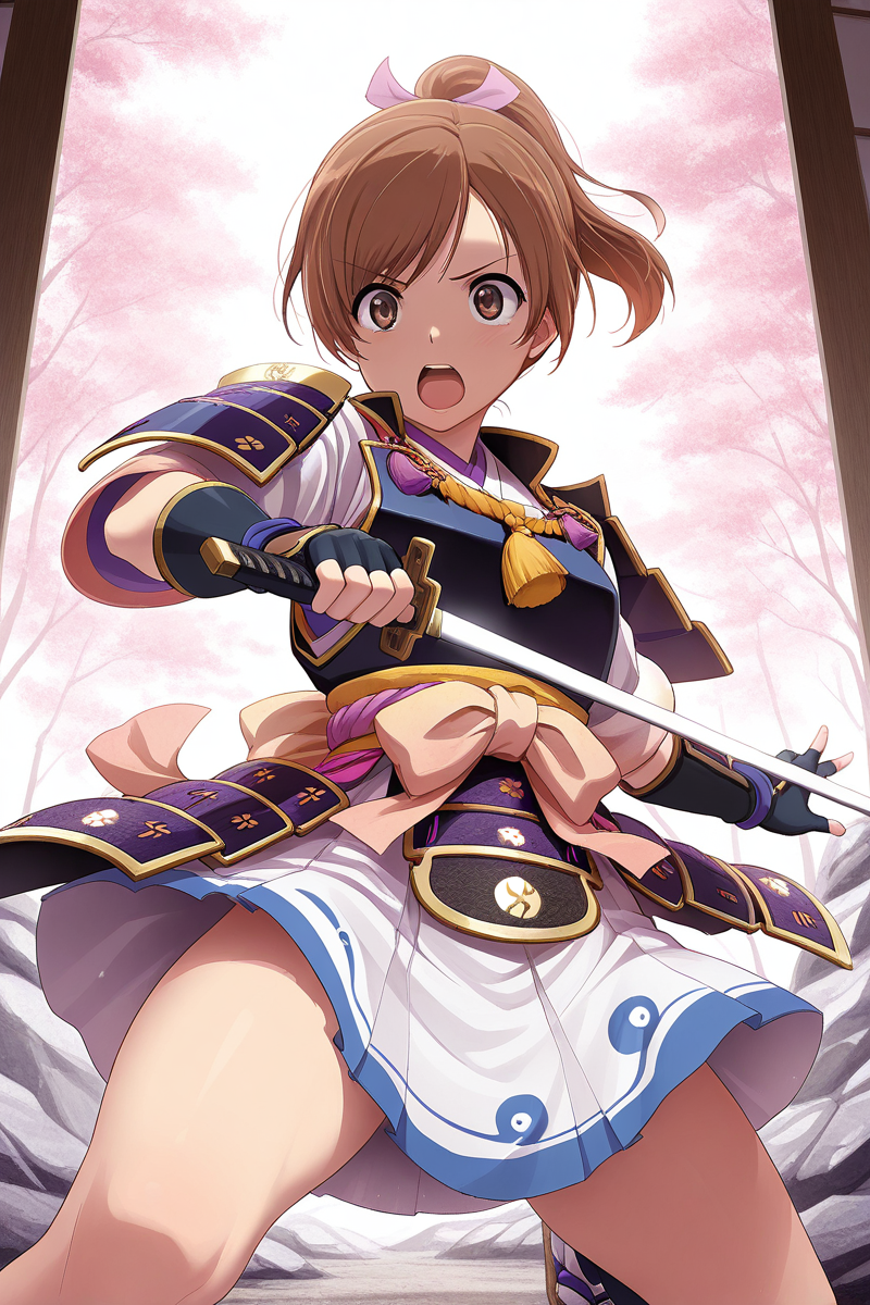 masterpiece, best quality, amazing quality,
 <lora:Karen_IL:1> karen, 1girl, brown hair, japanese armor, brown eyes, white skirt, open mouth, weapon, sword, solo, fingerless gloves, ponytail, gloves