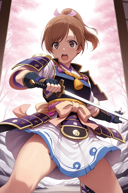 masterpiece, best quality, amazing quality,
<lora:Karen_IL:1> karen, 1girl, brown hair, japanese armor, brown eyes, white skirt, open mouth, weapon, sword, solo, fingerless gloves, ponytail, gloves