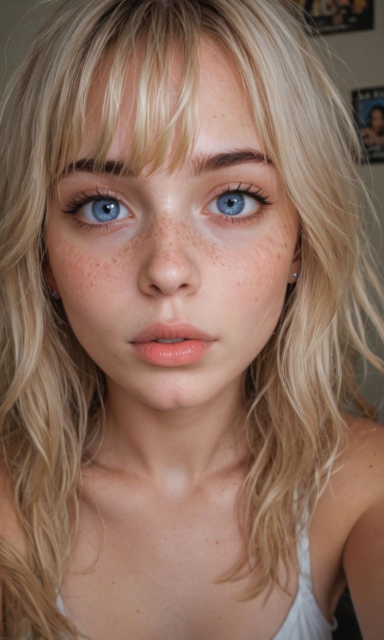 4k selfie with a surprised expression, deep focus, split-diopter lens, close-up, focus on her eyes, cluttered bedroom, posters on walls, ring lighting, long shaggy blonde (bangs between eyes, dark blue eyes, freckles, blush, natural lips, natural eyes, messy hair, black eyebrows, (pierced eybrow:1.2)) taking a selfie, bent forward, mirror behind in distance, her back can be seen in the reflection