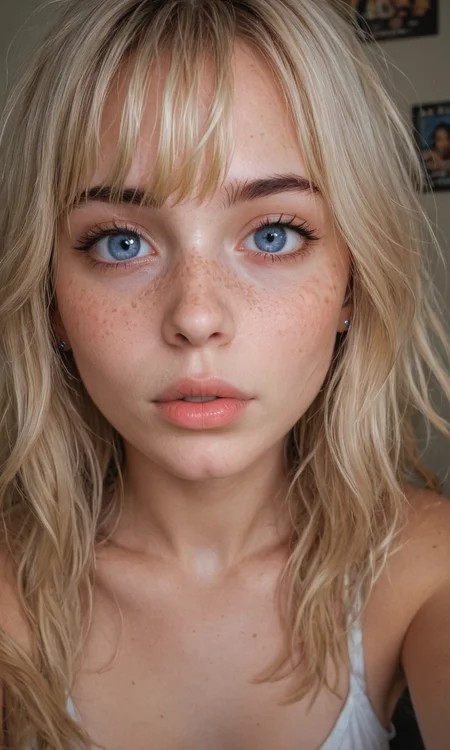 4k selfie with a surprised expression, deep focus, split-diopter lens, close-up, focus on her eyes, cluttered bedroom, posters on walls, ring lighting, long shaggy blonde (bangs between eyes, dark blue eyes, freckles, blush, natural lips, natural eyes, messy hair, black eyebrows, (pierced eybrow:1.2)) taking a selfie, bent forward, mirror behind in distance, her back can be seen in the reflection