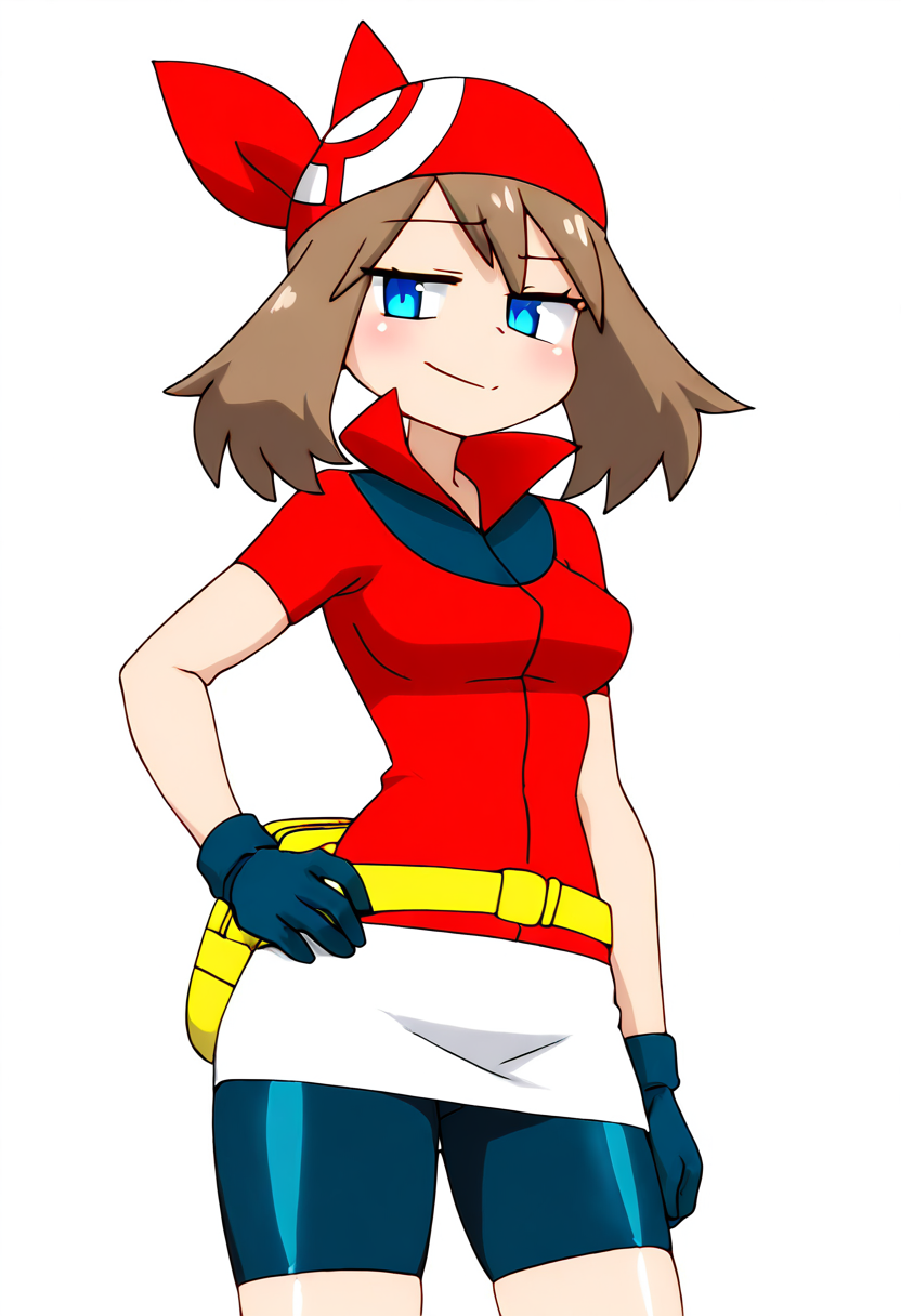 (masterpiece, best quality, good quality, very aesthetic, absurdres, newest:1.2),    1girl, solo, beautiful eyes, zzMay, may (pokemon), solo, brown hair, blue eyes, medium hair, red shirt, bike shorts, red bandana, red shirt, gloves,  white miniskirt, yellow belt,  <lora:MayPokemon_NAI:1.0>,  <lora:IshuzokuReviewersNAI:1.0>, cowboy shot, hand on hip, smug, smile, looking at viewer, shiny skin,
