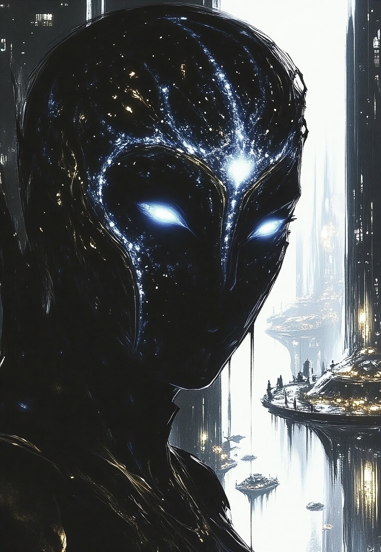 fg, Ghost in the Shell, an uploaded consciousness finds itself trapped in the Ethereal Grid. Forces his introspection as an incorporeal, transparent digital spirit. 
The face of the digital spirit shows visible interlacing and tearing effects.
The face occupies two-thirds of the image. Behind the face, the sharp outlines of a City, named R'lyeh, the Sacred Stone City.
Use lumen for dynamic lighting and reflective surfaces, employ ray tracing to make these effects even more realistic.
Overall, the painting with a focus on detailed textures and dramatic lighting features a monochromatic scheme, primarily with shades of black, white, and gray. 