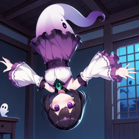 masterpiece, best quality, amazing quality, indoors, at night, phantasia_violetmoor, blush, smile, black hair, purple eyes, detached sleeves, long sleeves, Japanese cloths, ghost tail, upside down, floating, hovering, 5 fingers,