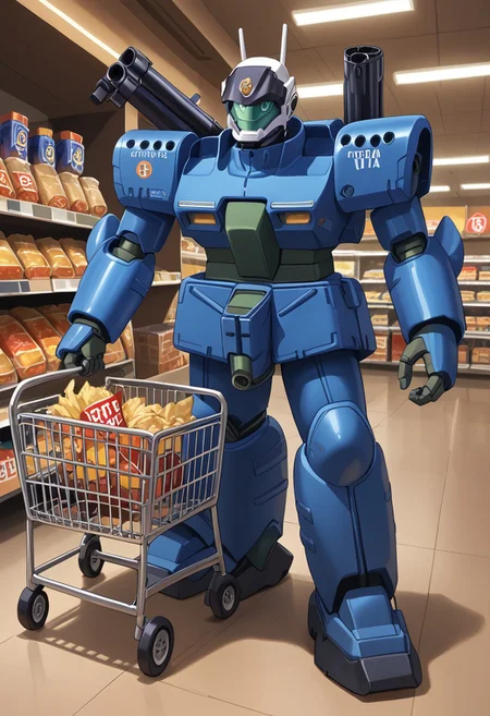 score_9, score_8_up, score_7_up, source_anime, front view, BREAK, ( guncannon_mass_production_type, behind sopping cart, looking at viewer,) 1mech, blue mech, blue armor, supermarket, shoulder cannons stowed, mech focus, solo, BREAK, two arms, in grocery store, grabbing bag of chips, pushing shopping cart, checkout isle, holding chips,