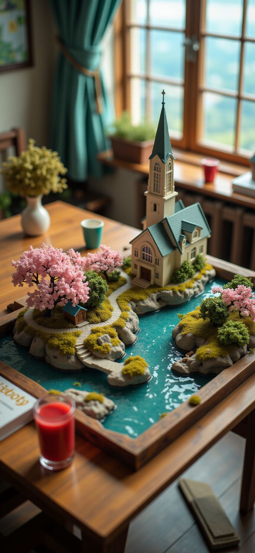 (indoors,indoor,isometric view,side view,tilt-shift lens:2), (fna_style,miniature,miniature,diorama,miniature,diorama,PVC,plastic:2),sunrise (sakura:1.5) ,(forest:0.2),(colorful,Rust_Decay:2) (moss,ivy,|(office building,shopping center wit glass:2)(office building, church with glass:2)), sea,cliff in (wooden square plate:2), on (table:2) at (attic:2.5)   <lora:Fantasy_Novel_Art_Style:1> <lora:Rostpunk:0.2> <lora:Rust_Decay_flux_lora:1> <lora:JJsOfficeBuilding_Flux_r1:0.4>
