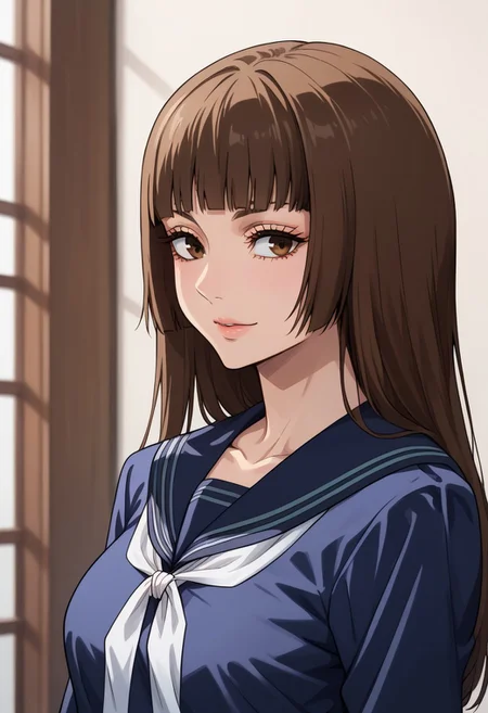 anime artwork, score_9, score_8_up, score_7_up, score_6_up, score_5_up, solo, perfect eyes, detailed eyes, beautiful female, detailed face, dynamics lines, 20 year old, perfect beautiful face, long eyelashes, sharp eyes pupils, (bedroom:1.3), (upper body:1.5), medium breasts, wide hips, hips,,1 girl, brown hair, long hair, blunt bangs, long hair, brown eyes, school uniform, blue serafuku, sailor collar, smile