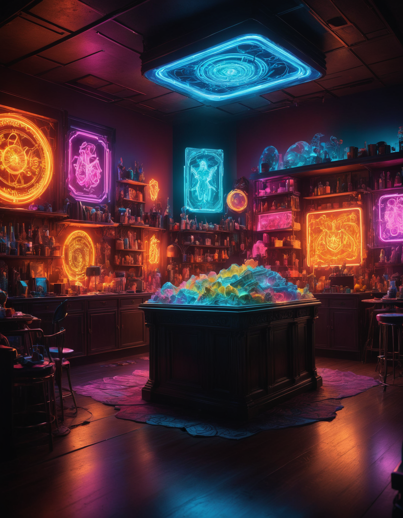 hyper realistic and highly detailed, medium full shot photo of an esthetic ethereal magic movie scene, award winning, dark limited color palette, high contrast, depth of field, (professional, intricate details, masterpiece, best quality:1.4), vibrant neon hues,
fluorescent lighting, highly dynamic, wide angle panoramic shot, 
 <lora:SDXLFaeTastic2400:0.4> <lora:sss:0.7> sss, translucent, subsurface scattering
