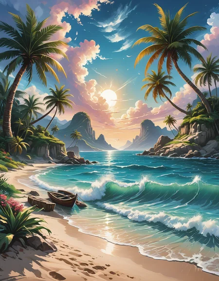 score_9, score_8_up, score_7_up, score_6_up, score_5_up, score_4_up, whimsical fantasy landscape,  palm trees, sea, beach, amazing sky