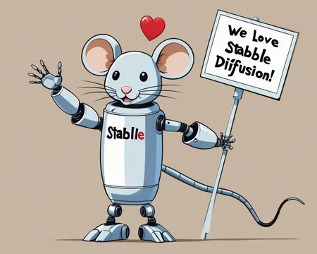 mouse robot holding a massive sign that says "We love stable diffusion!" <lora:n64:1>