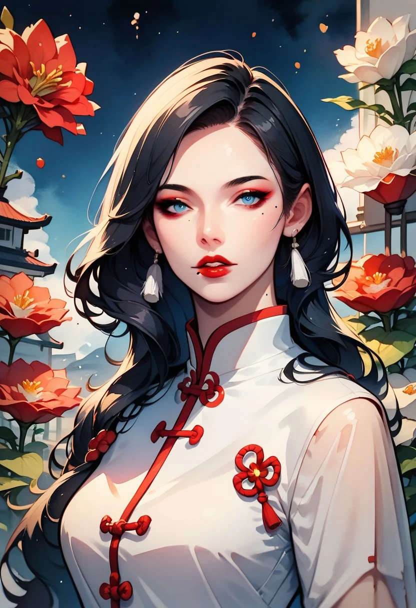 score_9,score_8_up,score_7_up,WATERCOLOR,1girl,solo,long hair,looking at viewer,blue eyes,shirt,skirt,black hair,long sleeves,jewelry,white shirt,upper body,flower,earrings,parted lips,mole,parted bangs,lips,mole under eye,makeup,chinese clothes,white flower,red flower,tassel,building,cropped torso,red lips,