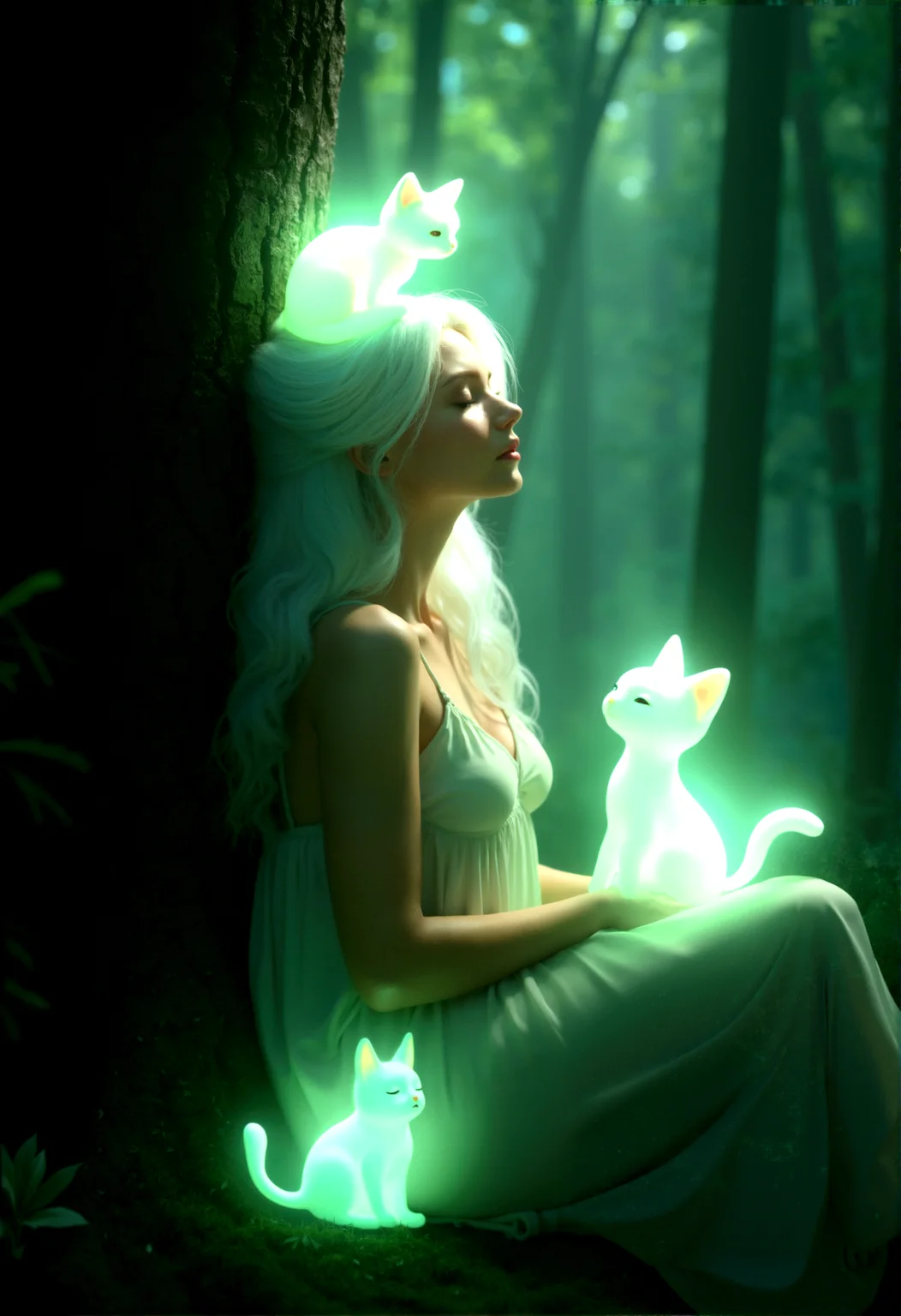 She leans against a large tree trunk, her head resting on it as she closes her eyes in peaceful contemplation, with the cute angel like spirits surrounding her protectively.One of the glowing spirit looks like a cat sitting peacefully on her head
Photorealistic depiction of a mystical forest scene where a cute and curvy adult woman with long white hair is seated, surrounded by glowing, translucent green spirits, their ethereal light casting a soft glow on her serene face.
Soft, diffused light filtering through the dense forest canopy, creating a gentle, mystical atmosphere that enhances the glow of the spirits.
cinematic lighting, extremely intricate detail character, accurate depiction of character, correct body anatomy, correct hands and fingers, extremely intricate skin and facial skin texture detail, lifelike potrayal, extremely realistic lighting, extreme dynamic pose.