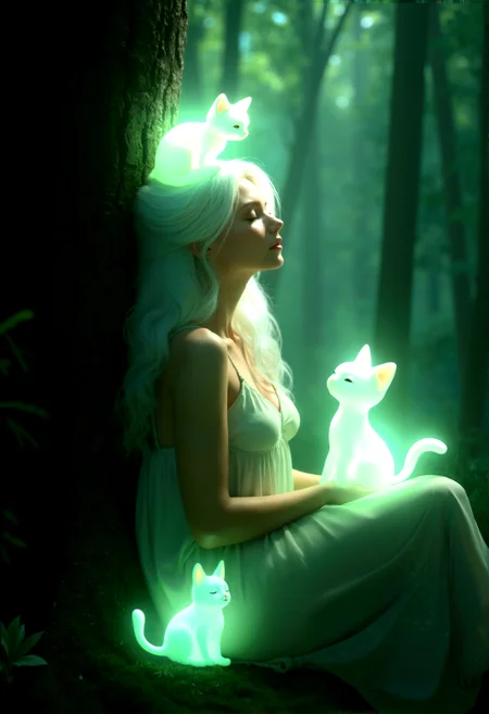 She leans against a large tree trunk, her head resting on it as she closes her eyes in peaceful contemplation, with the cute angel like spirits surrounding her protectively.One of the glowing spirit looks like a cat sitting peacefully on her head
Photorealistic depiction of a mystical forest scene where a cute and curvy adult woman with long white hair is seated, surrounded by glowing, translucent green spirits, their ethereal light casting a soft glow on her serene face.
Soft, diffused light filtering through the dense forest canopy, creating a gentle, mystical atmosphere that enhances the glow of the spirits.
cinematic lighting, extremely intricate detail character, accurate depiction of character, correct body anatomy, correct hands and fingers, extremely intricate skin and facial skin texture detail, lifelike potrayal, extremely realistic lighting, extreme dynamic pose.