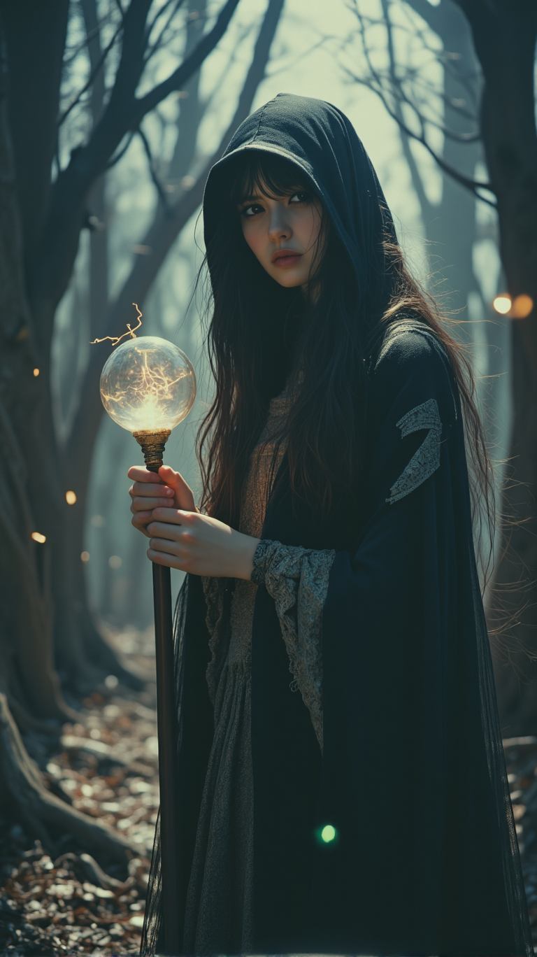 A masterfully detailed, mid-close-up composition in a dark fantasy setting. The image features a cloaked sorceress with long, flowing hair, her face half-covered by shadows. She holds a glowing, enchanted staff crackling with magical energy. Her piercing eyes radiate power, and her elegant black and silver robes swirl with the wind. Behind her, ancient, twisted trees loom in the misty, moonlit forest. The ground is littered with glowing runes, and a faint, eerie green light shines from beneath. The atmosphere is both mystical and ominous, with subtle details highlighting her magical aura.
 <lora:FLUX_OBbllai:1>