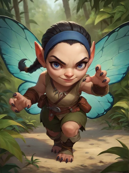 score_9, score_8_up, score_7_up, score_6_up, score_5_up, score_4_up, 
pathfinder portrait <lora:pathfinder_portrait-PD-1.0:1>,
1girl, halfling, black hair, long braid, blue hairband, butterfly wings, attacking, looking at viewer, claws,
jungle, shortstack,
