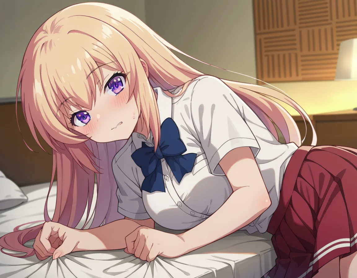 score_9, score_8_up, score_7_up, source_anime,
honamiichinose, <lora:honami-ichinose-s2-ponyxl-lora-nochekaiser:1>
honami ichinose, long hair, blonde hair, purple eyes, hair between eyes,
skirt, bow, school uniform, pleated skirt, bowtie, blue bow, red skirt, collared shirt, white shirt, short sleeves,
indoors, bed, bed room, on side, blush, drunk,
looking at viewer, dutch angle, cowboy shot