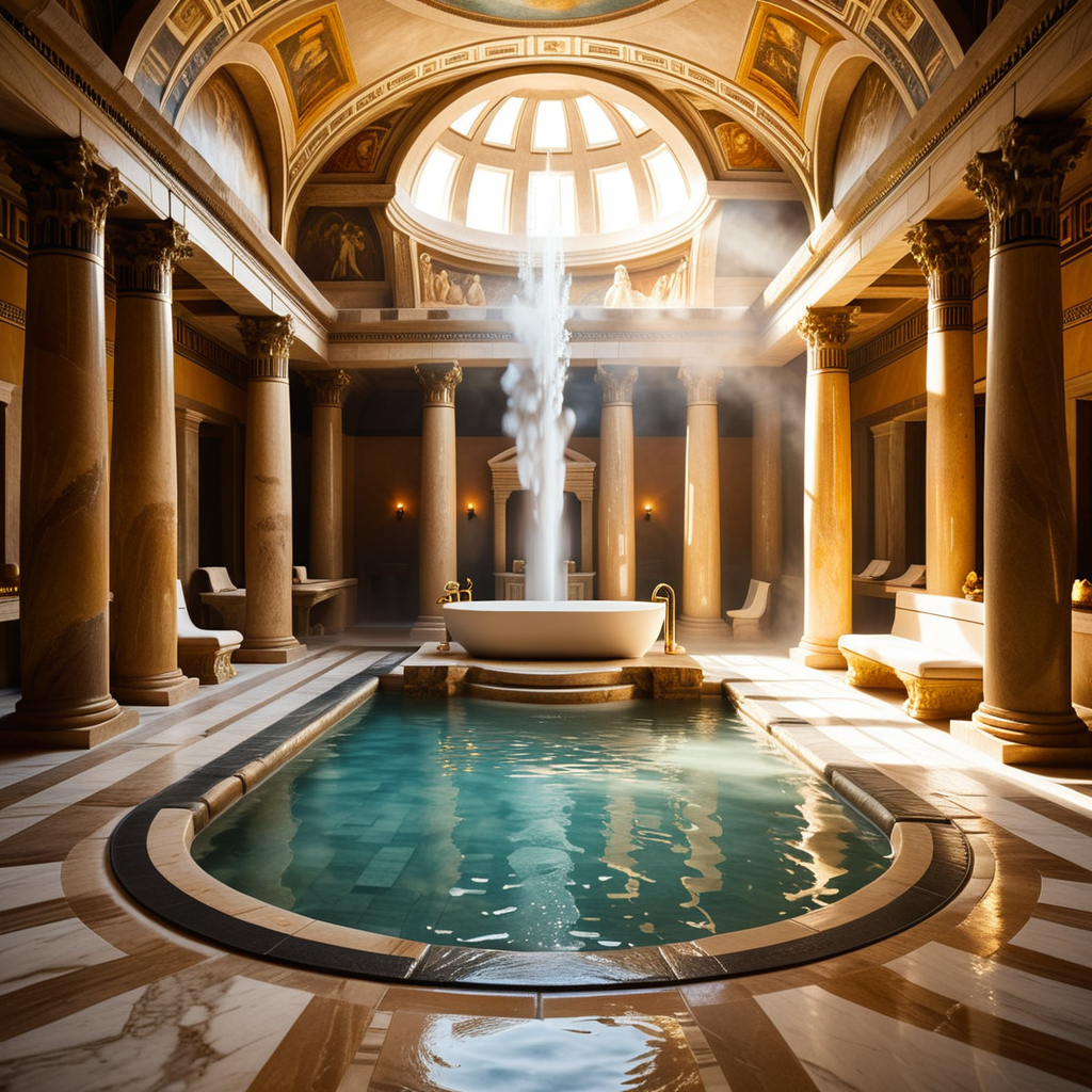 A highly detailed and realistic photograph of an ancient Roman sauna (thermae) from the time of Caesar, featuring grand marble architecture with intricate carvings and columns. The central bath is filled with steaming water, surrounded by polished marble tiles and mosaics depicting mythological scenes. The room is illuminated by natural light streaming through small openings in the high, domed ceiling, creating soft shadows and reflections on the water's surface. The atmosphere is hazy from the steam, and a few individuals dressed in Roman togas and tunics can be seen reclining on benches or chatting near the bath. The overall color palette includes shades of white, gold, and earthy tones, emphasizing the luxurious and serene environment.<lora:SDXLFaeTastic2400:0.4> <lora:extremely_detailed:0.4> extremely detailed, Masterpiece,best quality,hi res,8k,hi res,8k,award winning,(sharp focus, intricate, highly detailed),