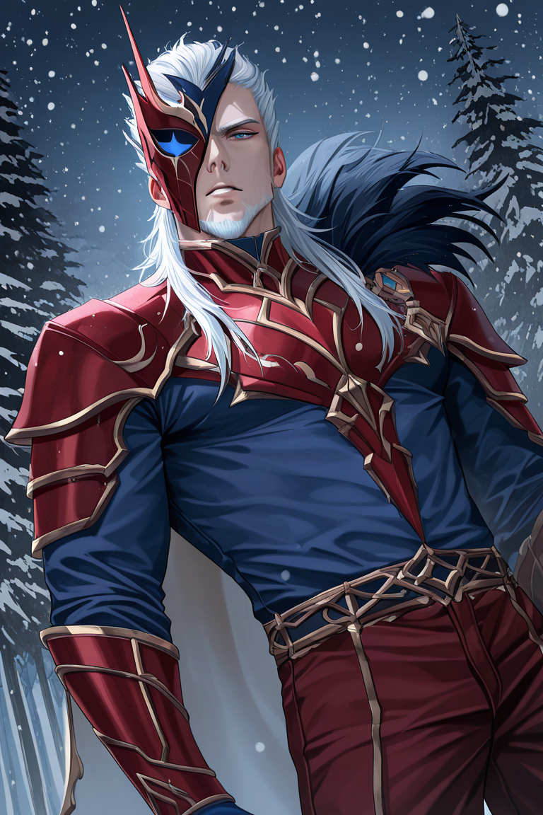 realistic shading, dark environment, dim lighting, expressive face, looking at viewer, pierrogi, white_pierrogi_facial hair, white_pierrogi_long hair, black-blue-gold_pierrogi_one eye mask, blue eyes, manly, 1boy, parted lips, furrowed brows, serious, cowboy shot, red armor, blue shirt, blue gloves, red pants, gold cape, dark cold outdoors, pine forest, snowing, winter, dutch angle, dynamic angle, depth of field, atmospheric perspective, intricately detailed illustration, masterpiece, best quality, amazing quality, very aesthetic, absurdres, newest