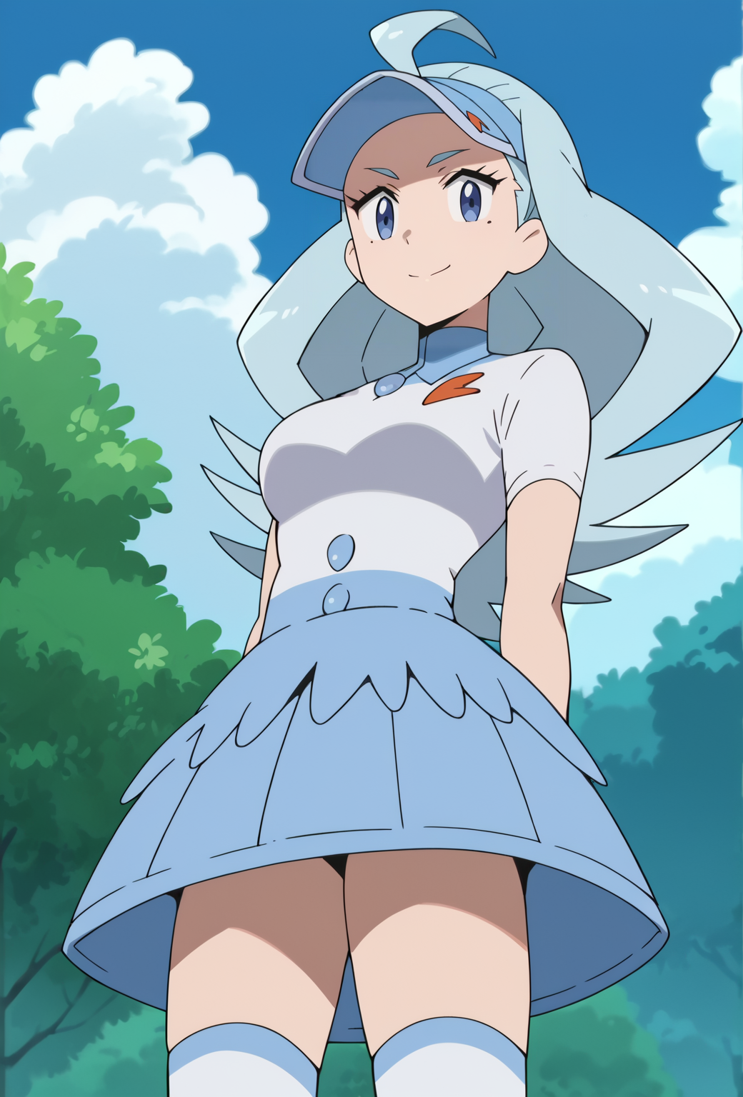 score_9, score_8_up, score_7_up, source_anime, 1girl, outdoors, smile,  <lora:Anime_Screencap:1> anime screencap, standing, <lora:Kahili-10:0.9> kahili, blue hair, blue cap, blue eyes, medium breasts, adult body, thighs, kneehighs, looking at viewer, from below,