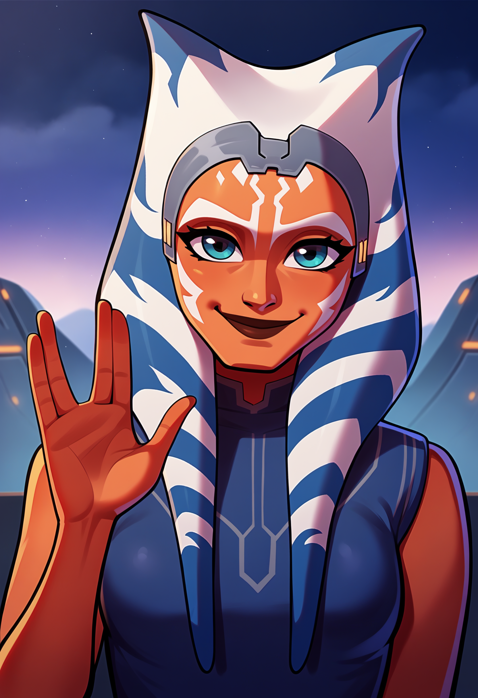 score_9, score_8_up, score_7_up, female, solo, grey headband, ahss7, medium breasts, <lora:AhsokaS7PDXL_V1-Manityro-adamw>, outdoors, dark, stormy sky, spacecraft, fog, looking at viewer, smile, closed mouth,, three-quarter view, head tilt,
vulcansalute hand gesture<lora:VulcansalutePonyV1-000035>
