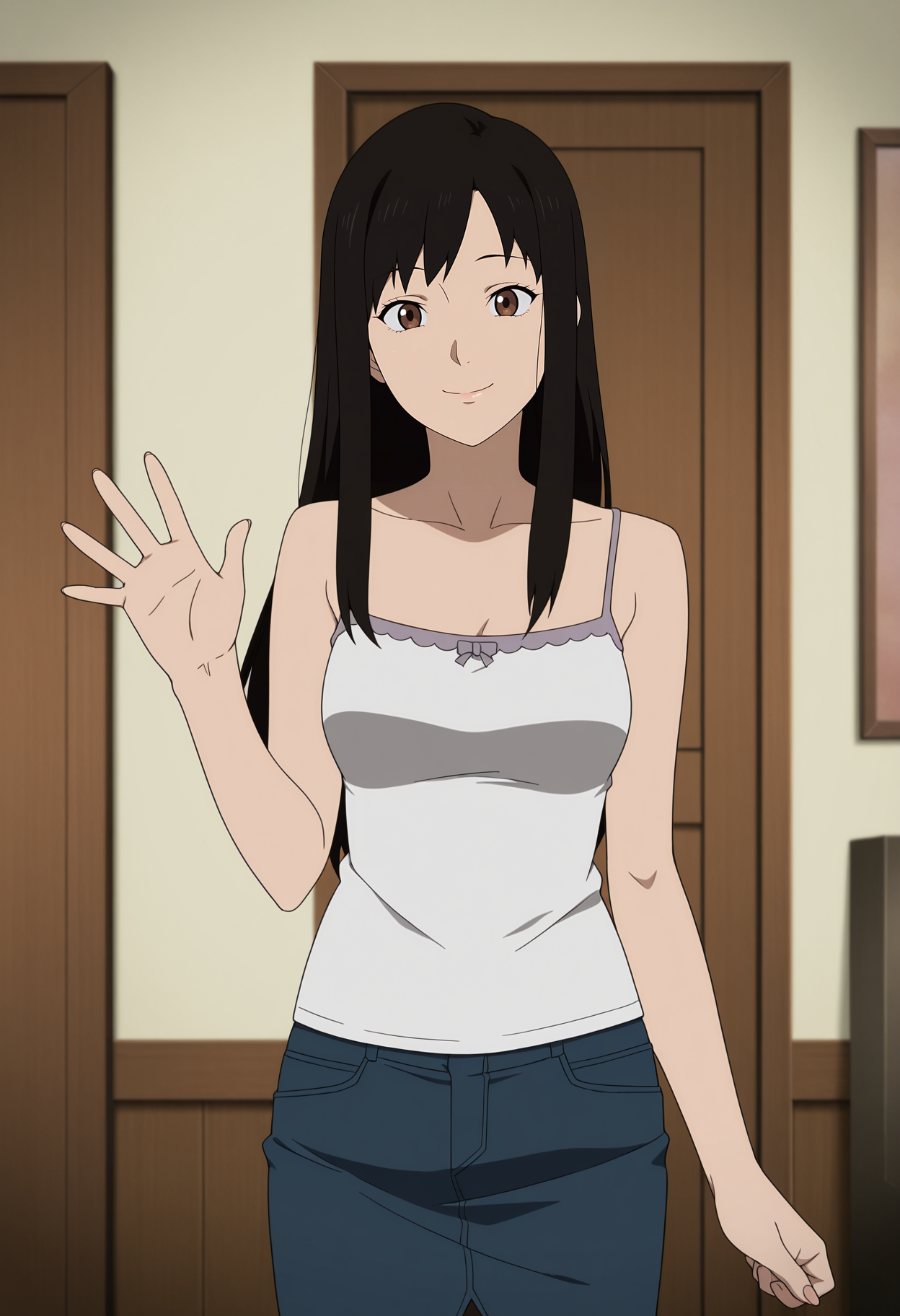 1girl,solo,mm,mature female,long hair,black hair,brown eyes,anime coloring,
camisole,bare shoulders,denim,skirt,waving, cowboy shot, looking at viewer, smile, indoors, 
,masterpiece,best quality,amazing quality,<lora:Kaori-Gyo:0.8>