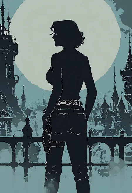 score_9, score_8_up, score_7_up, woman silhouette, standing, rogue clothing, leather pants, long curly black hair, cowboy shot, wearing belt and sheath, back to viewer, dark medieval fantasy city, fog, blue theme, epic, blue yellow and black, huge statues and tower, monochrome, endless fantasy city, night, moon,