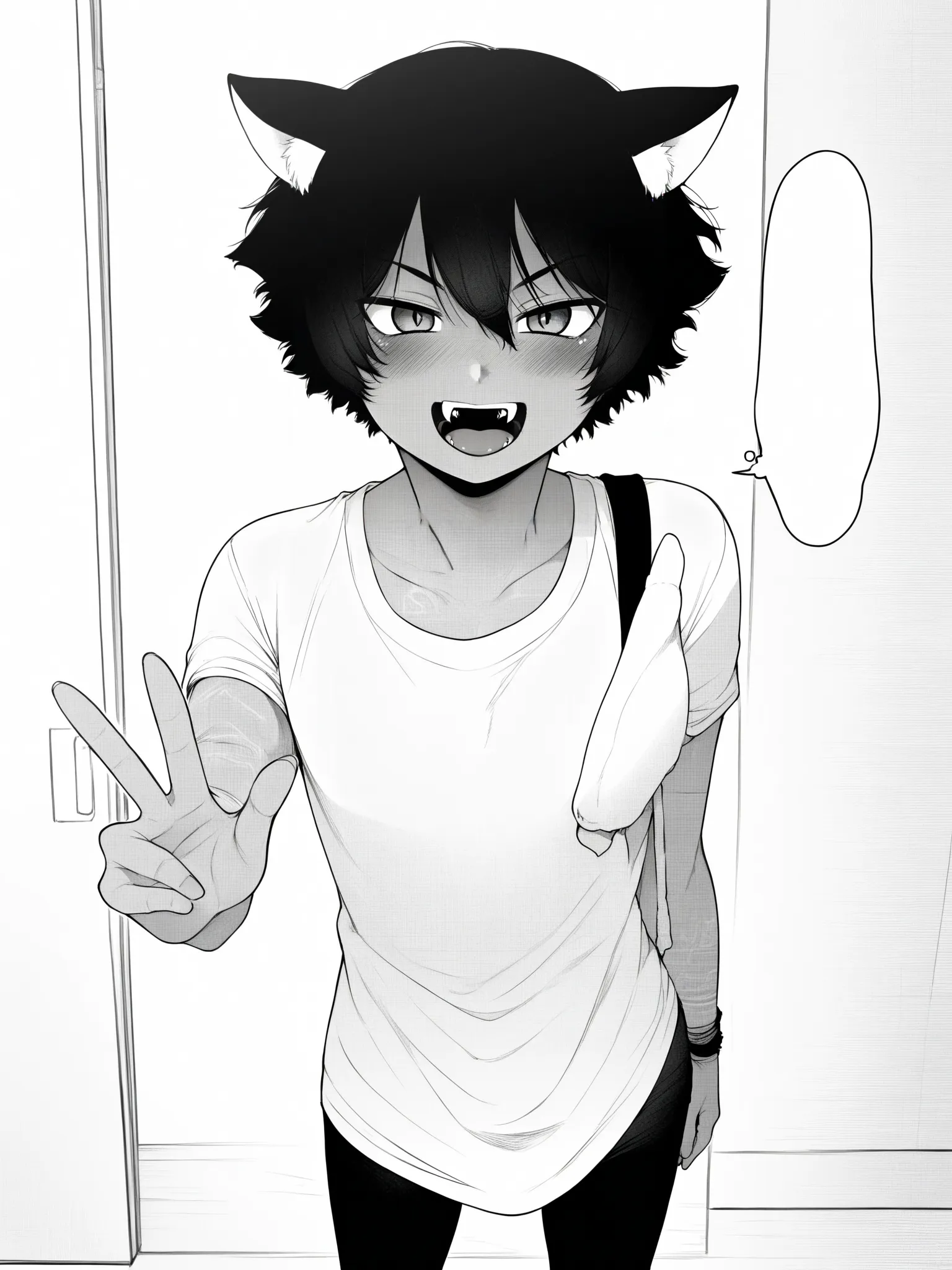 uncensored, score 9 up, score 8 up,
 <lora:[Sugoku Zako] Kemomimi Doujin Character and Style PonyXL:1>,sugoku_zako_kemomimi, animal ears, monochrome, greyscale, short hair, dark skin, blush, otoko no ko, fangs, femboy, standing, looking at viewer,