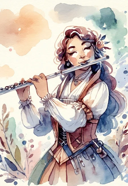 SoftWaterColor, 1woman, bard playing the flute