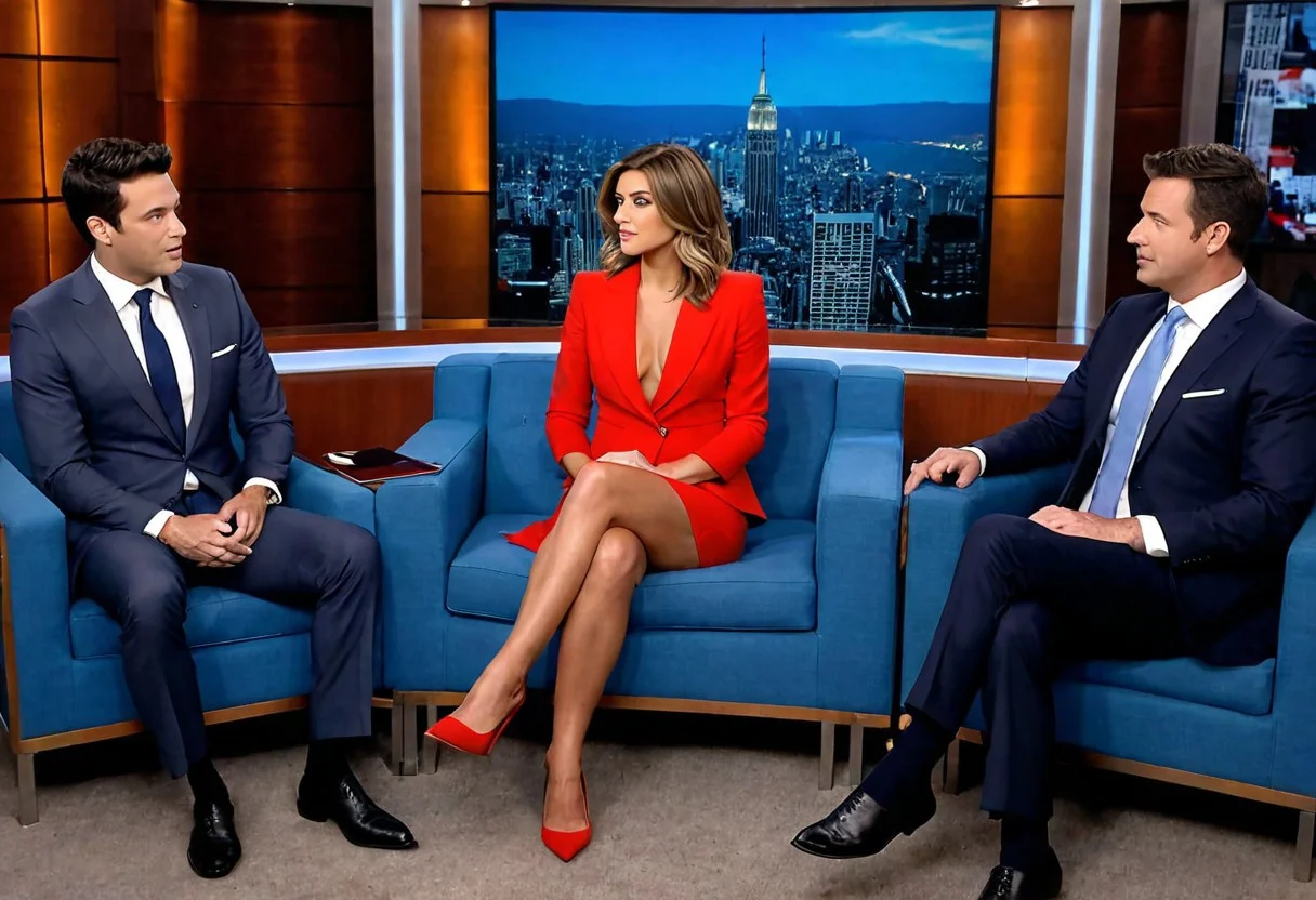 good-looking white american anchorwoman with heavy makeup in her late 20s with shoulder-length hair and medium saggy breasts presenting the news on tv with a suit without a bra with her nipples visible, nipples exposed, deep cleavage, saggy breasts, one breast out, nip slip, deep blue eyes, OverallDetailXL, legs and feet, legs show, legs fetish, long and sexy legs, full body, all body, sitting, crossed legs, side view, she is interviewing with two politicians men, 2 politicians guests, men are wearing suits, (((men are looking her)))