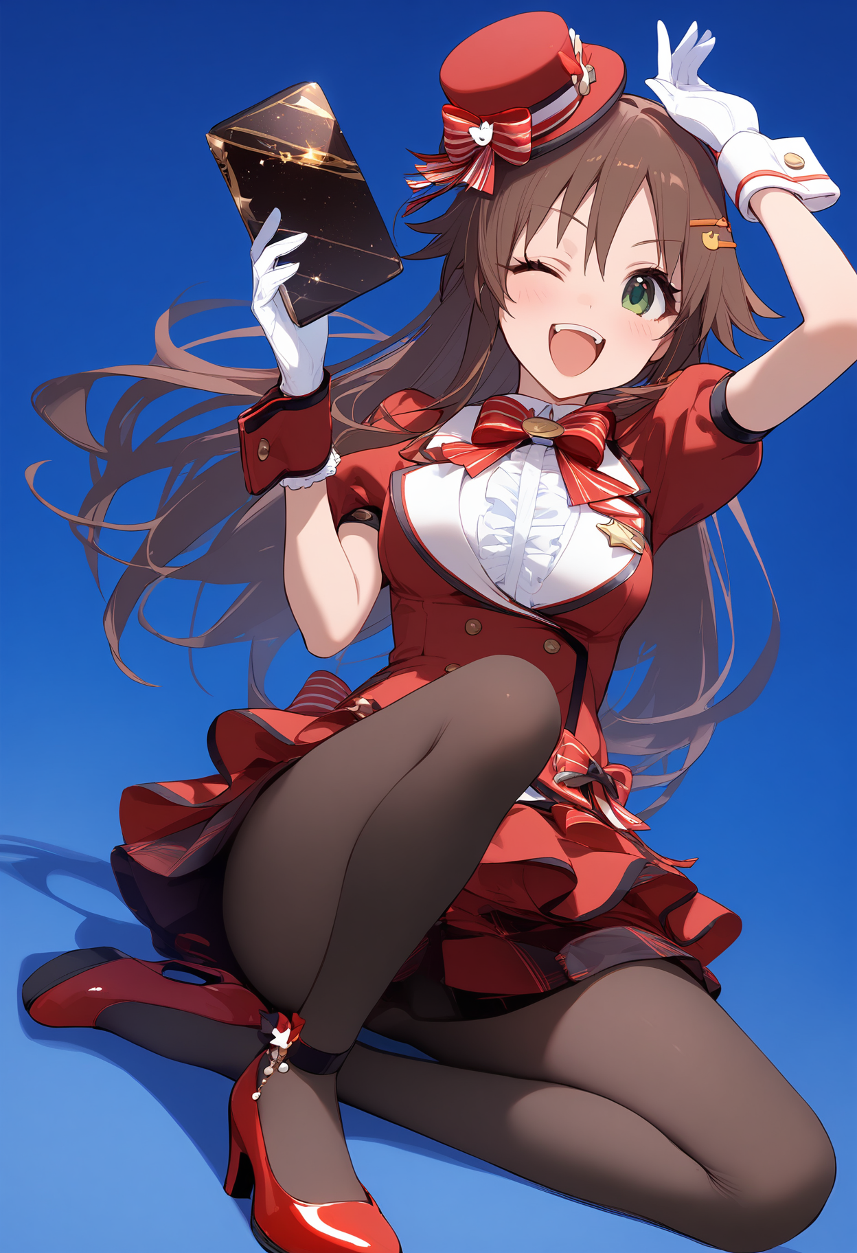 1girl,black pantyhose,blush,himekawa yuki,mini hat,open mouth,center frills,high heels,looking at viewer,puffy short sleeves,red footwear,red headwear,solo,white gloves,simple background,skirt,smile,;d,blue background,full body,holding,one eye closed,red bow,red jacket,shoes,sitting,standing,white shirt,wrist cuffs,<lora:a31_char_new_himekawa_yuki-000022:1>masterpiece, best quality, absurdres<lora:a31_style_koni-000010:0.8>