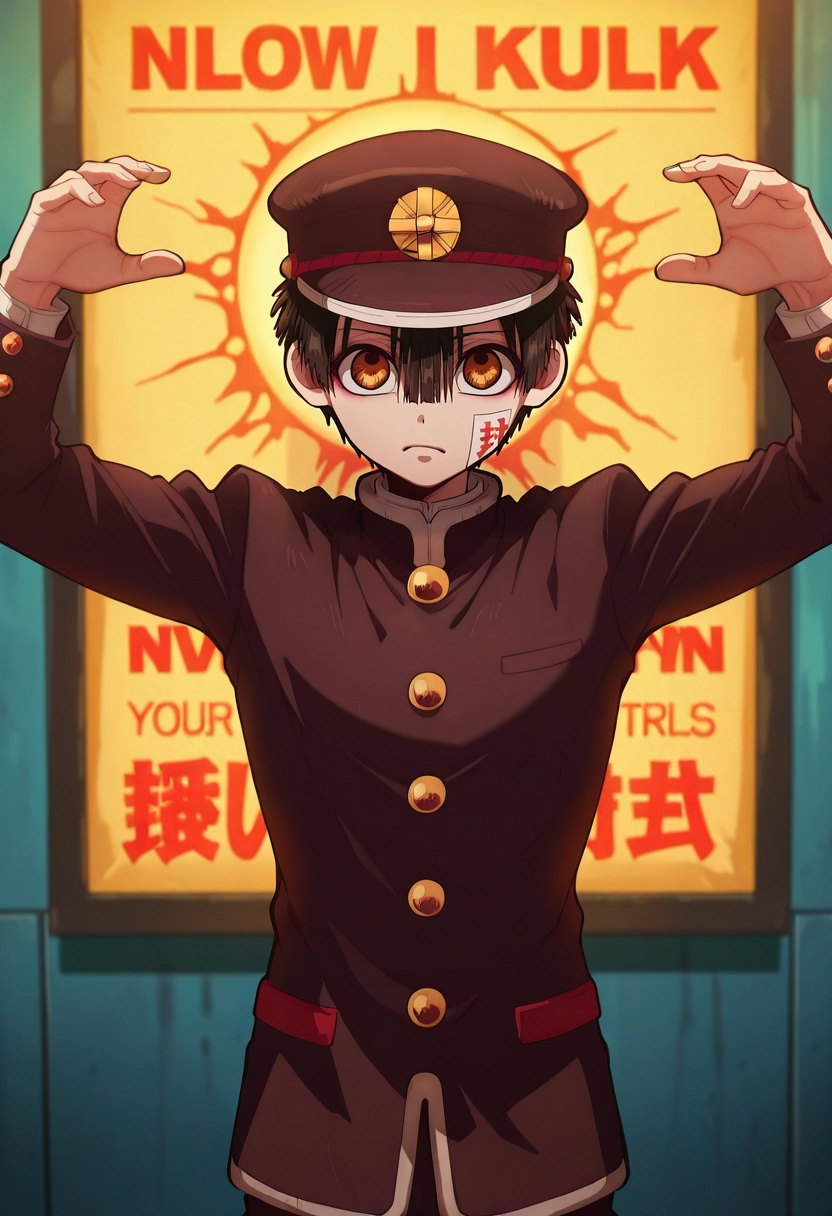 masterpiece, best quality, , (realistic:0.6), looking at viewer, 1boy, solo, male focus, <lora:hanako-kun_ilxl:0.96>, hanako-kun, black hair, brown eyes, short hair, hair between eyes, bangs, hat, black headwear, gakuran, , urban gym, sleek equipment, motivational posters, glowing mirrors, lifting pose, determined expression, energetic vibe, indian costume