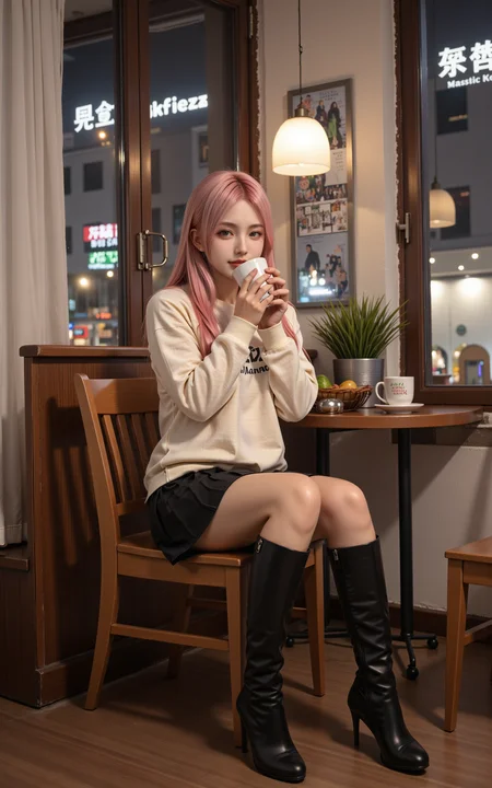 A stylish20-year-old girl with long pink hair and green eyes sits comfortably in a modern café,wearing a cream-colored sweater,a black pleated skirt,and elegant knee-high black boots. Holding a hot cup of coffee,she gently blows on it while smiling softly. The caféâs warm ambient lighting creates a cozy atmosphere,with wooden tables,potted plants,and soft jazz music playing in the background. Large windows reveal the bustling city outside,with neon lights reflecting off the glass. Realistic photography style,cinematic lighting,soft-focus background,warm and cool tone contrast.,
<lora:yuukananri-base-02-flux:0.9>,yuukananri,she has a slender physique and a petite build,
