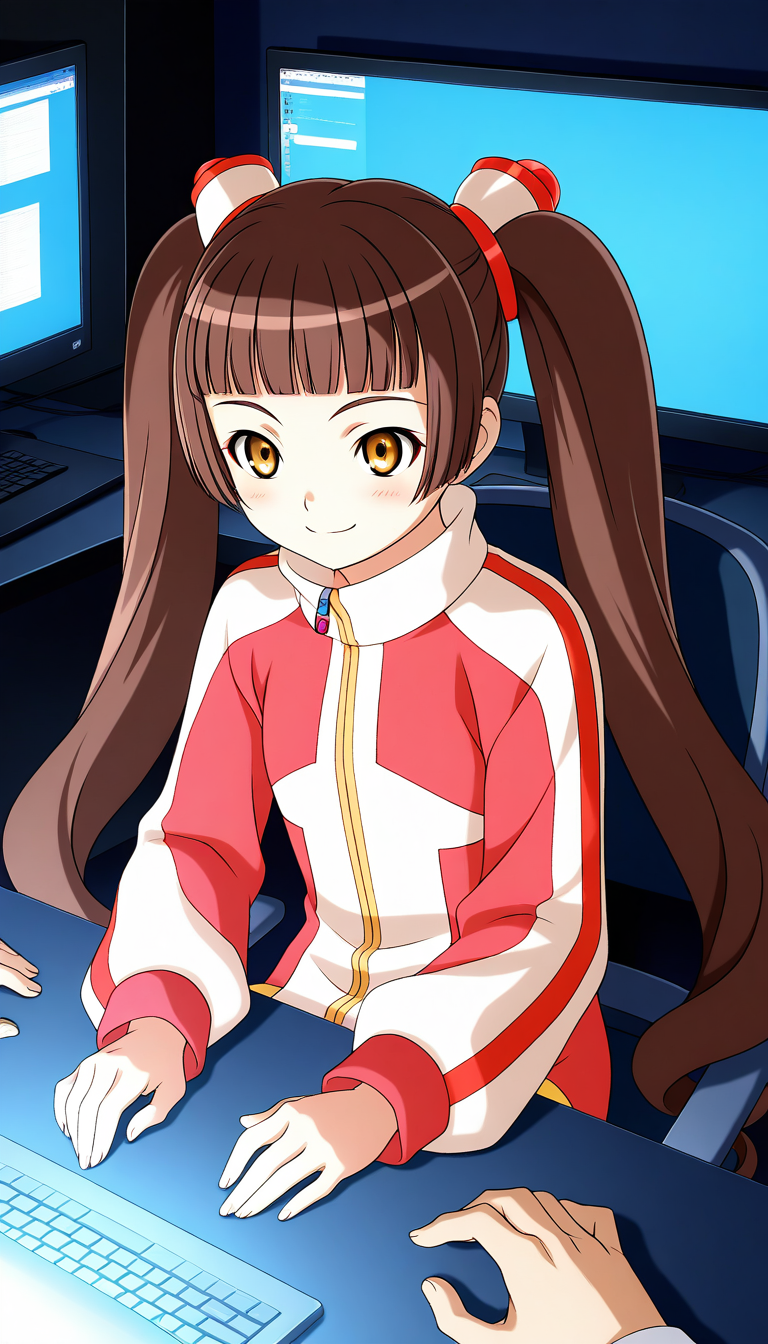general,highres, ultra-detailed,very aesthetic,best quality ,best hands,  BREAK <lora:Amy_BA_IS:1>Amy_BA, twintails, long hair, brown hair, brown eyes, blunt bangs, flat chest, yellow eyes, smile,
1girl, computer, long sleeves, blunt bangs, solo focus, bangs, blue jewelry, sitting, 
monitor, screen, solo,