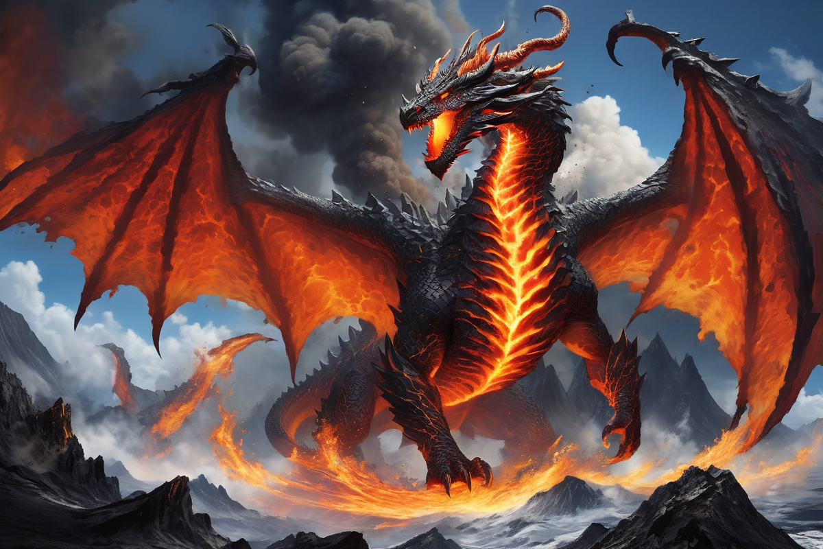 magma dragon comming out of a volcanish pyroclasm ash cloud
<lora:Classic Western Dragons XL:0.75>