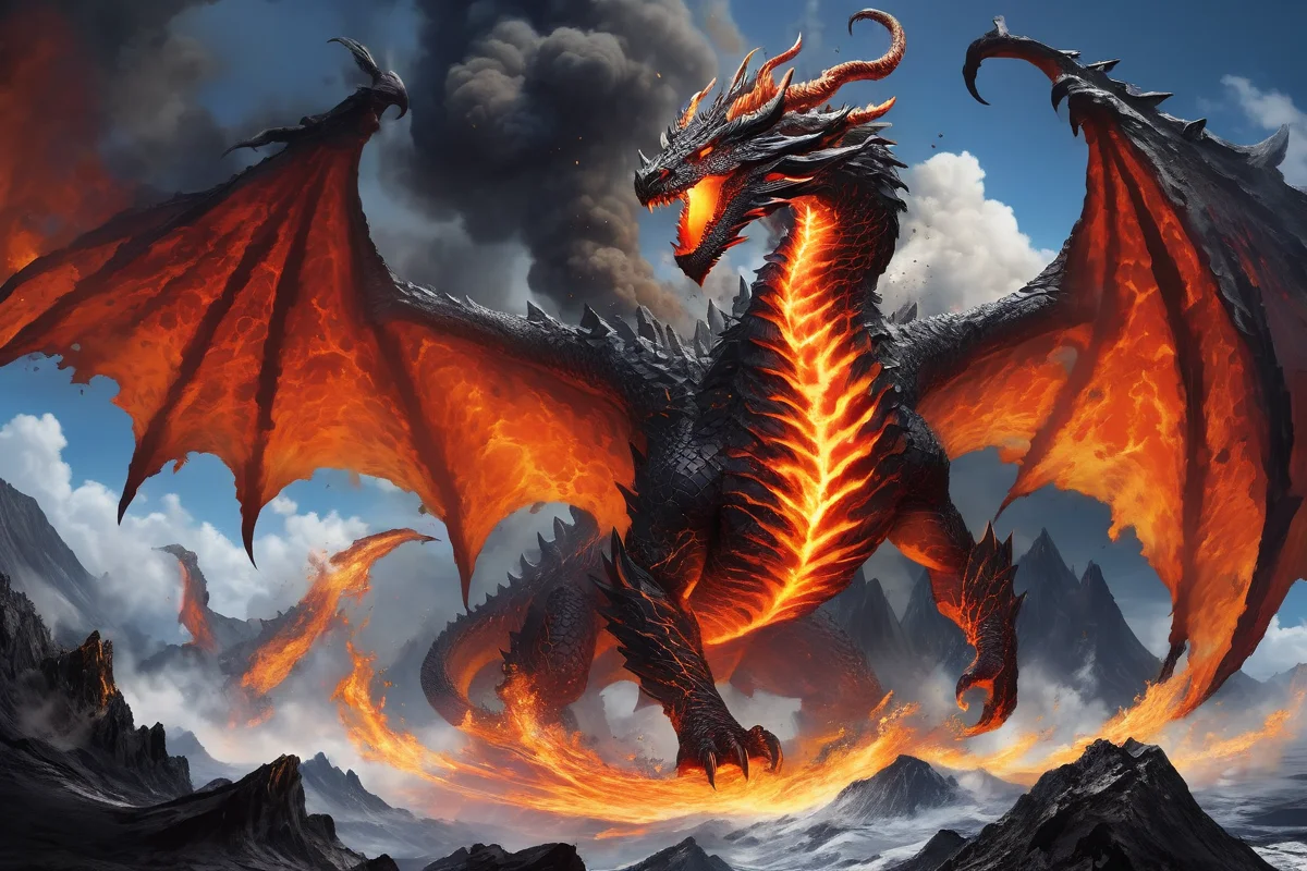 magma dragon comming out of a volcanish pyroclasm ash cloud
<lora:Classic Western Dragons XL:0.75>