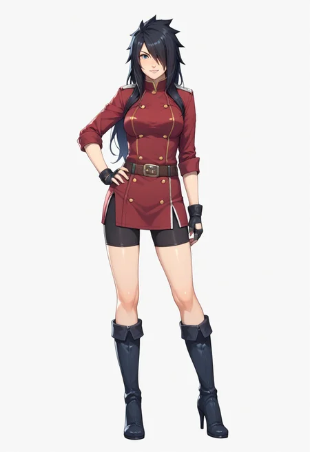 score_9, score_8_up, score_7_up,
ayame madhiba, ayamemadhiba, 1girl, solo, long hair, breasts, skirt, simple background, black hair, gloves, white background, full body, boots, belt, fingerless gloves, hair over one eye, high heels, hand on hip, knee boots, bike shorts,